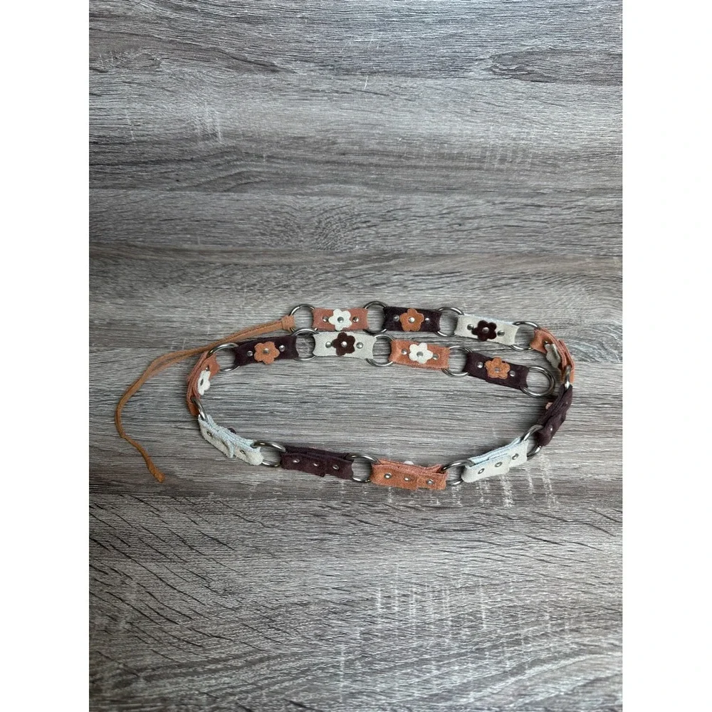 Genuine Suede Leather Belt Link Flower Brown Tan Floral Boho Tie Waist S/M Retro